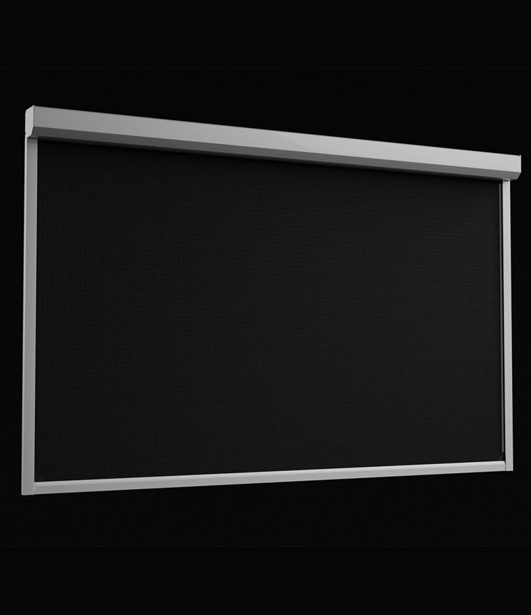 Retractable screen unit with silver aluminium housing and fully deployed black mesh screen, shown in isolation against a black background